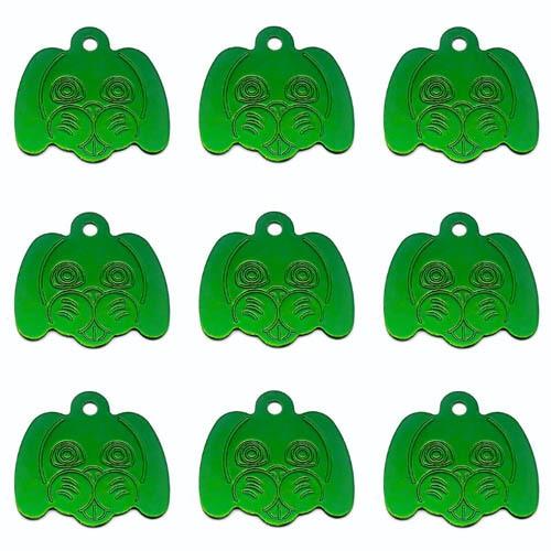 Wholesale pack of 100 personalized dog head pattern pet ID tags in various colors, showcasing their reflective and durable aluminum design.